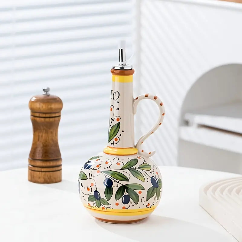 Hand Painted Olive Oil Dispenser Bottle Floral Design Narrow Neck