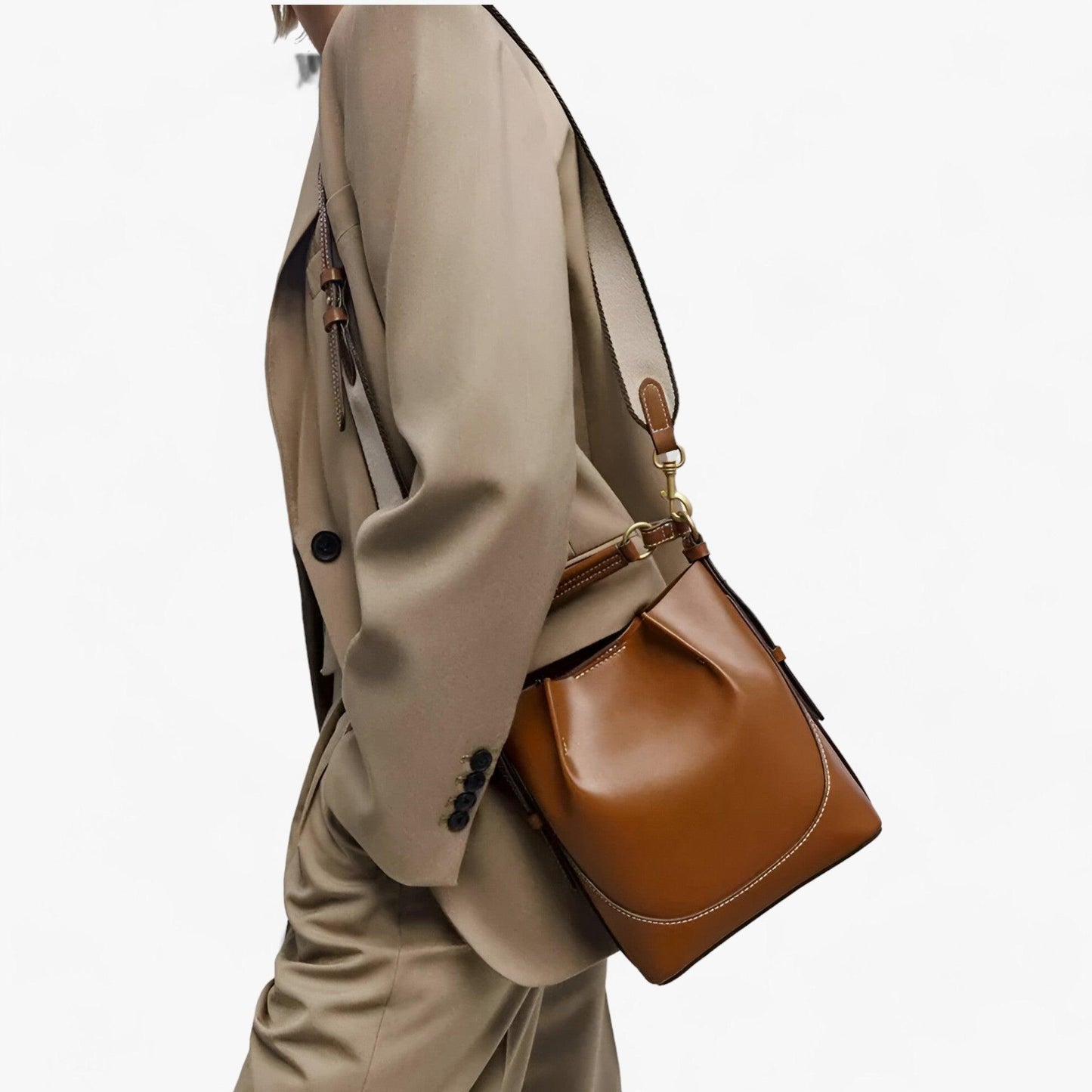 Large Capacity Bucket Shoulder Bag Wide Strap Crossbody Tote Stylish Everyday Handbag