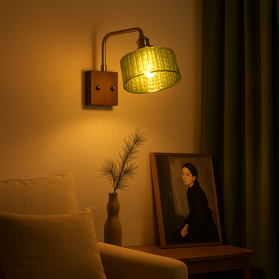 Wall Lamp with Soft Relaxing Light Natural Wood and Glass Design