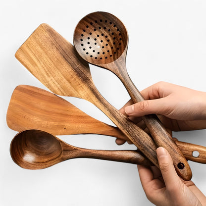 11 Piece Wooden Kitchen Utensil Set Natural Cooking Utensils Non Stick Safe Wooden Cooking Tools
