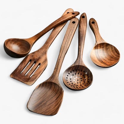 11 Piece Wooden Kitchen Utensil Set Natural Cooking Utensils Non Stick Safe Wooden Cooking Tools