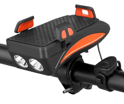 4-in-1 Bike Phone Holder with Power Bank, LED Bike Light & Horn – Shockproof Handlebar Mount