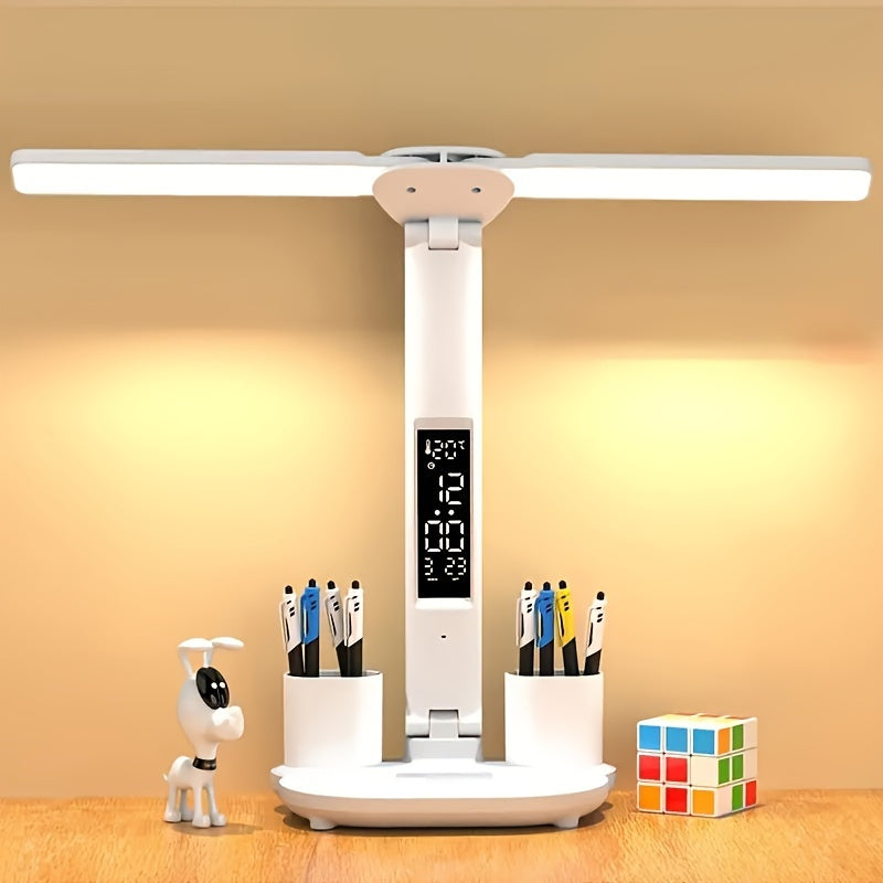 Adjustable LED Desk Lamp with Digital Clock Temperature Display and USB Charging