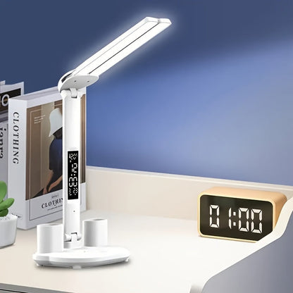 Adjustable LED Desk Lamp with Digital Clock Temperature Display and USB Charging