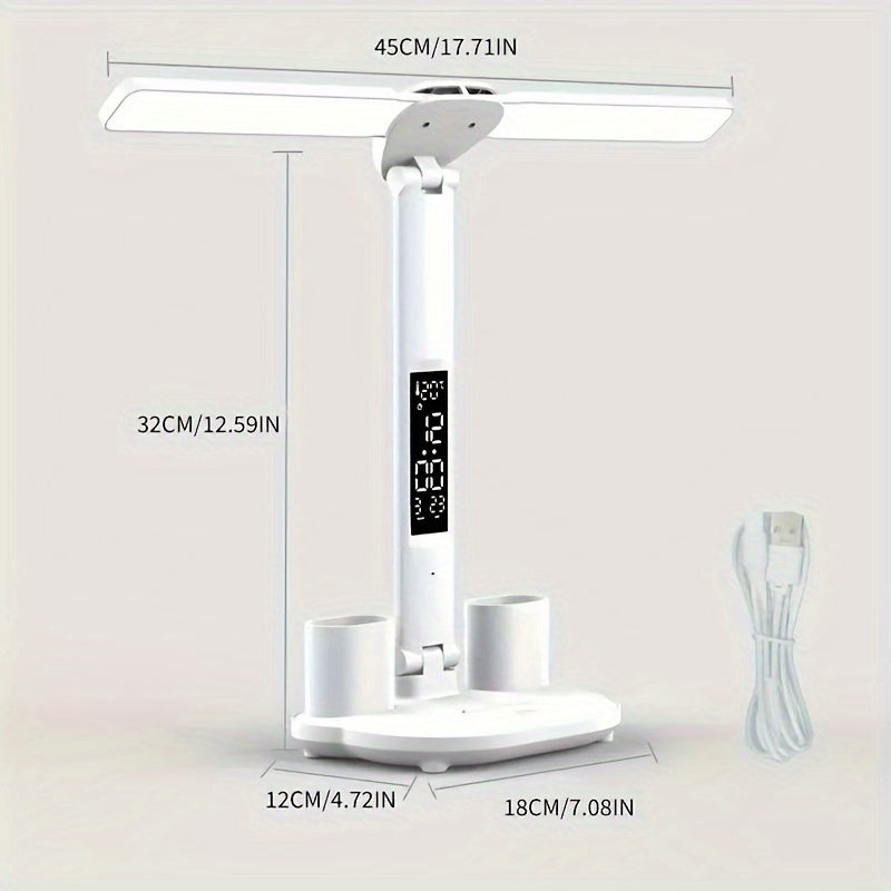 Adjustable LED Desk Lamp with Digital Clock Temperature Display and USB Charging