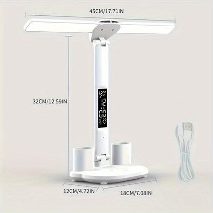 Adjustable LED Desk Lamp with Digital Clock Temperature Display and USB Charging