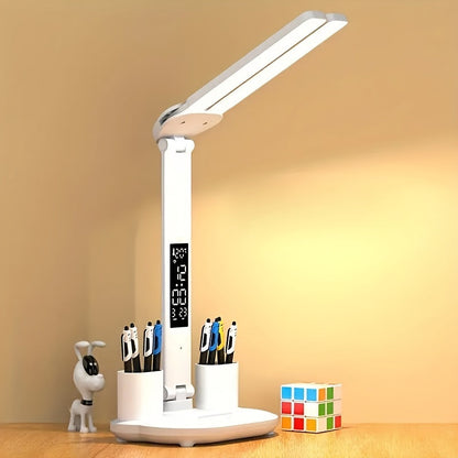 Adjustable LED Desk Lamp with Digital Clock Temperature Display and USB Charging