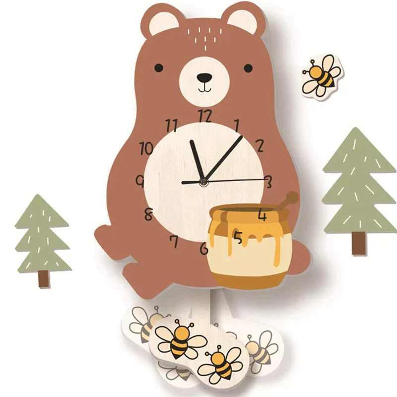 Animal Theme Wall Clock Kids Room Decorative Pendulum Learning Clock