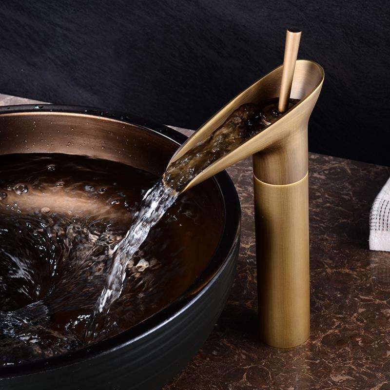 Antique Waterfall Bathroom Sink Faucet Solid Brass Single Handle Mixer Tap