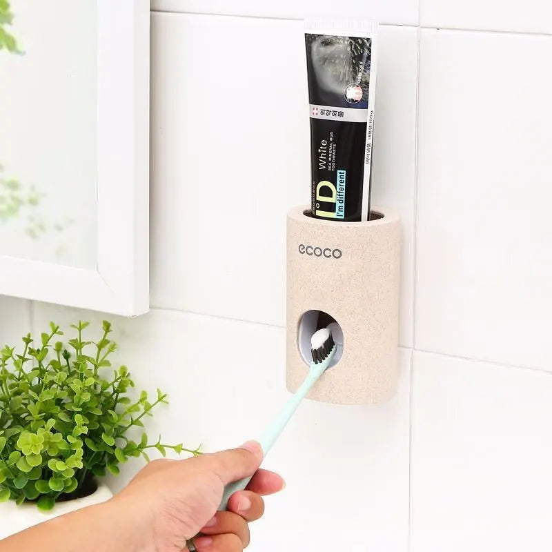 Automatic Toothpaste Dispenser Toothbrush Holder Dustproof Wall Mount Bathroom Organizer
