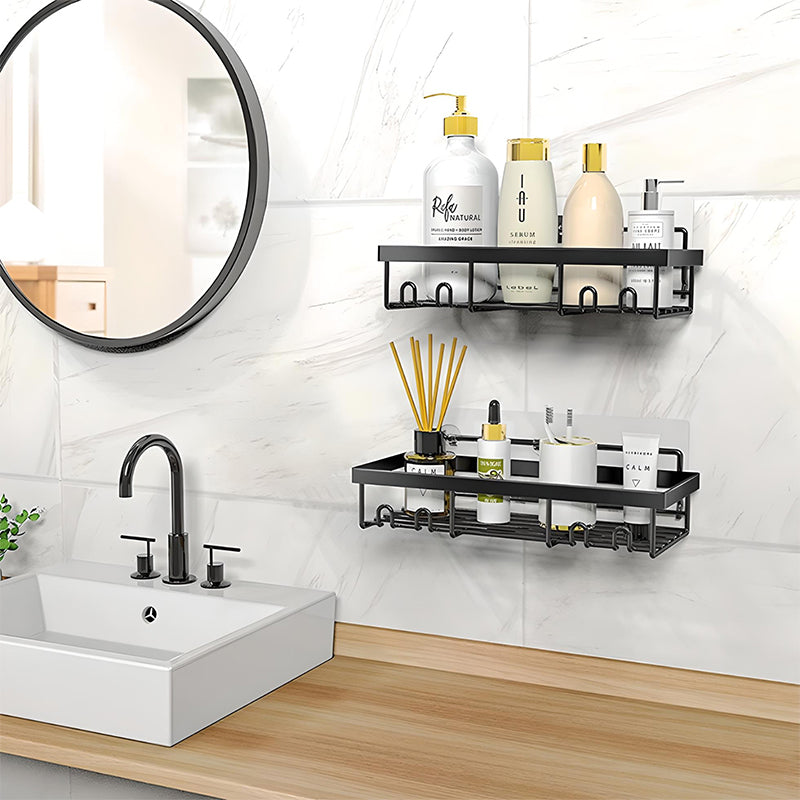Bathroom Shower Shelf Organizer Wall Mounted Storage Rack with Adhesive Installation and Hooks