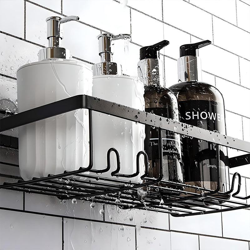 Bathroom Shower Shelf Organizer Wall Mounted Storage Rack with Adhesive Installation and Hooks