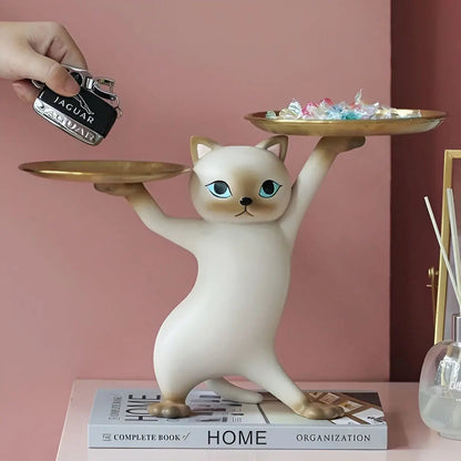 Cat Key Holder Tray Decorative Cat Statue Hook Jewelry Organizer Entryway Table Decor