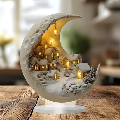 Crescent Moon Village LED Night Light Decorative Moon Lamp with Mini Village Scene