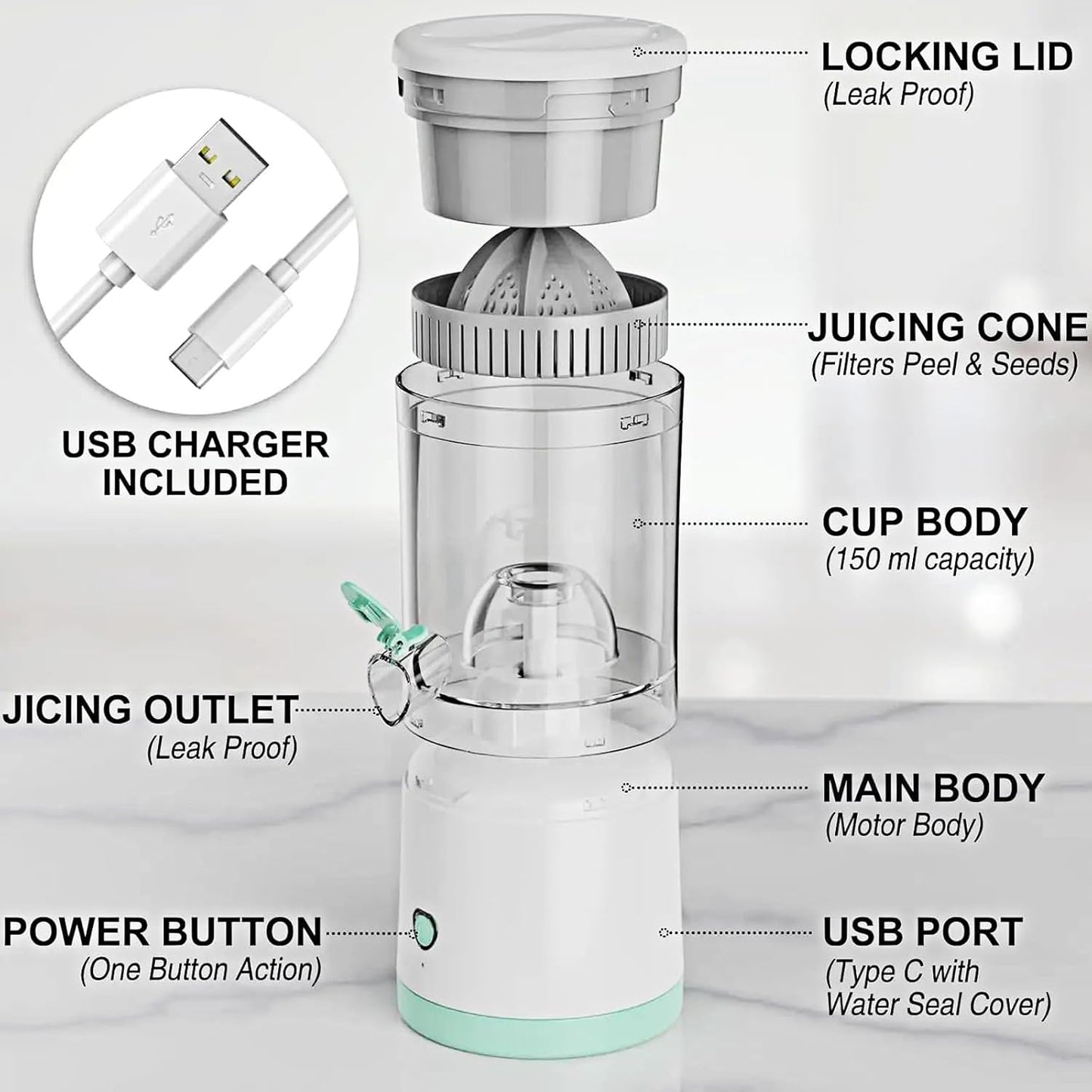 Electric Citrus Juicer Portable Cordless Juicer for Fresh Orange & Lemon Juice