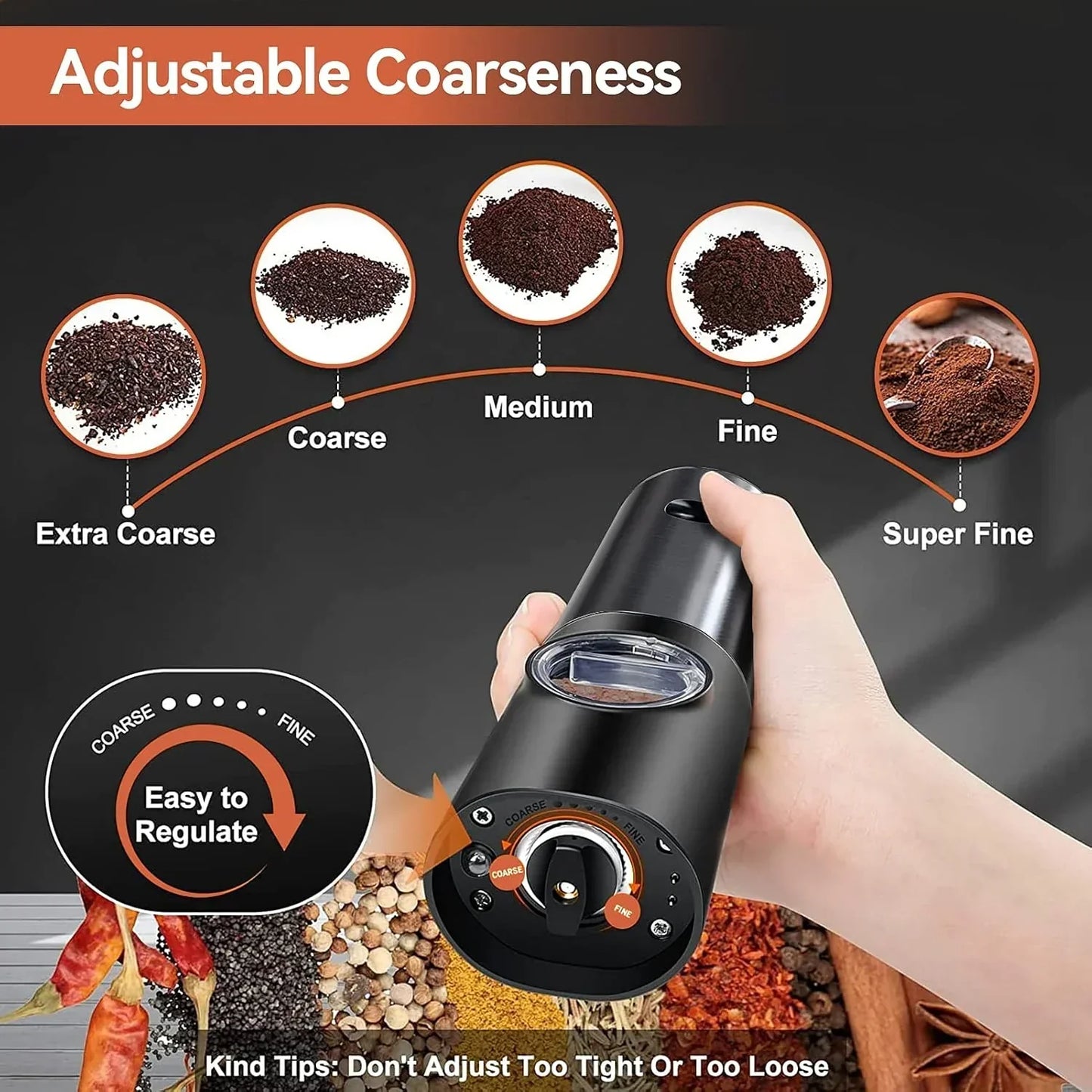 Electric Salt Pepper Grinder Rechargeable Stainless Steel Adjustable Mill