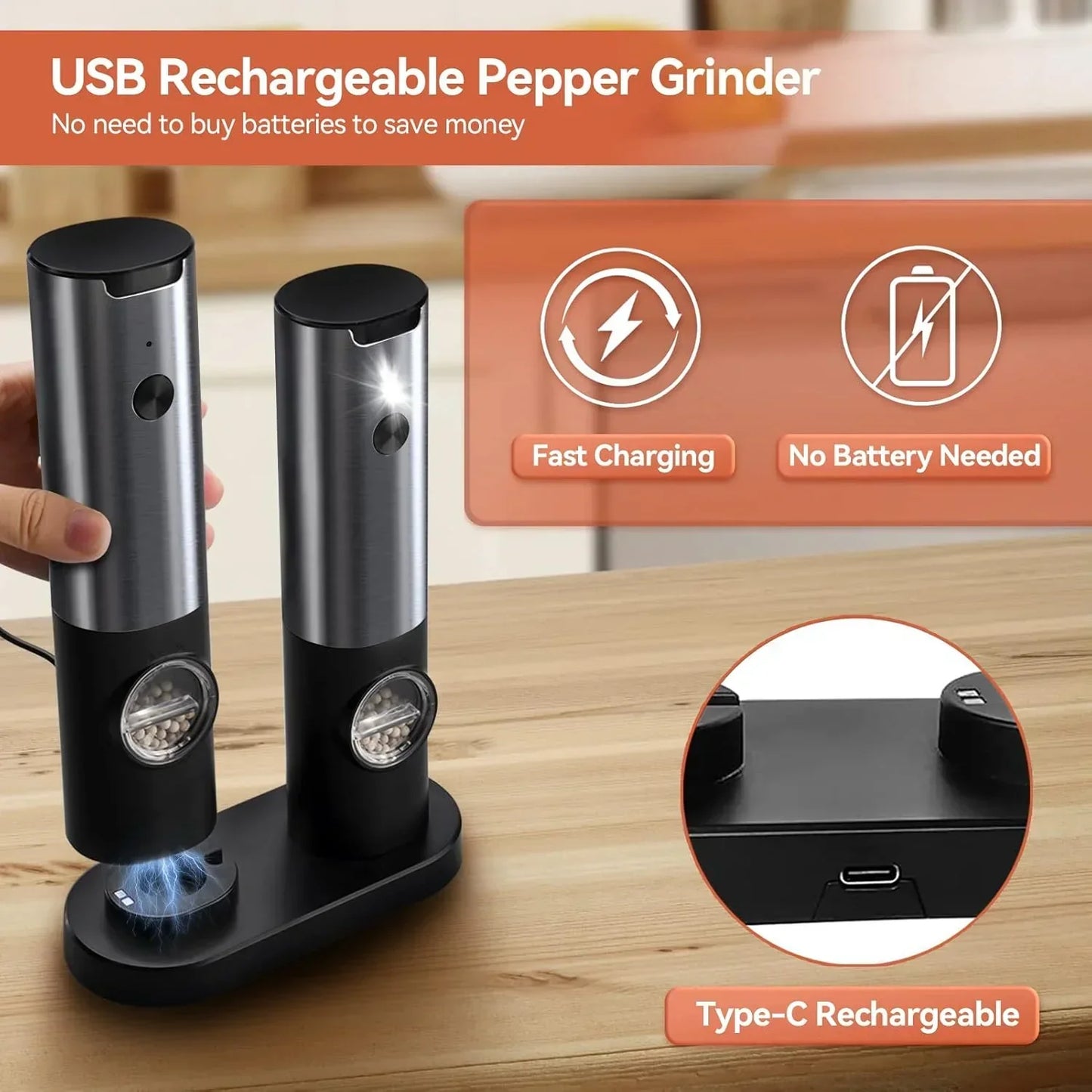 Electric Salt Pepper Grinder Rechargeable Stainless Steel Adjustable Mill