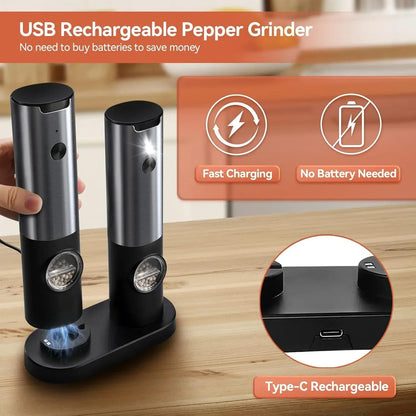 Electric Salt Pepper Grinder Rechargeable Stainless Steel Adjustable Mill