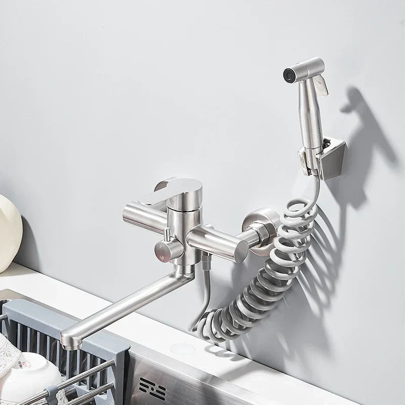 Elegant Dual Hole Wall Mounted Mixer Tap with 360 Degree Swivel Spray