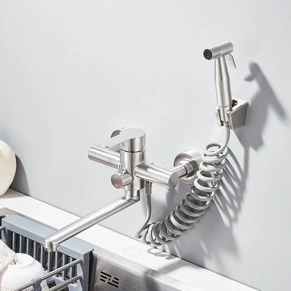 Elegant Dual Hole Wall Mounted Mixer Tap with 360 Degree Swivel Spray
