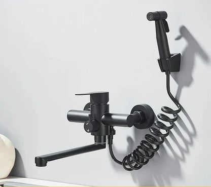 Elegant Dual Hole Wall Mounted Mixer Tap with 360 Degree Swivel Spray