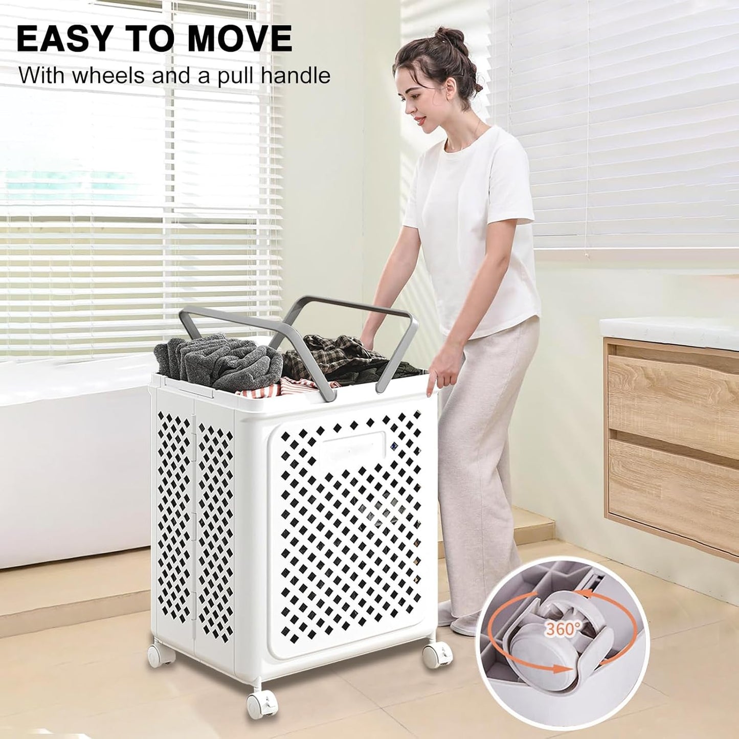 Foldable Laundry Basket With Wheels Space Saving Rolling Hamper