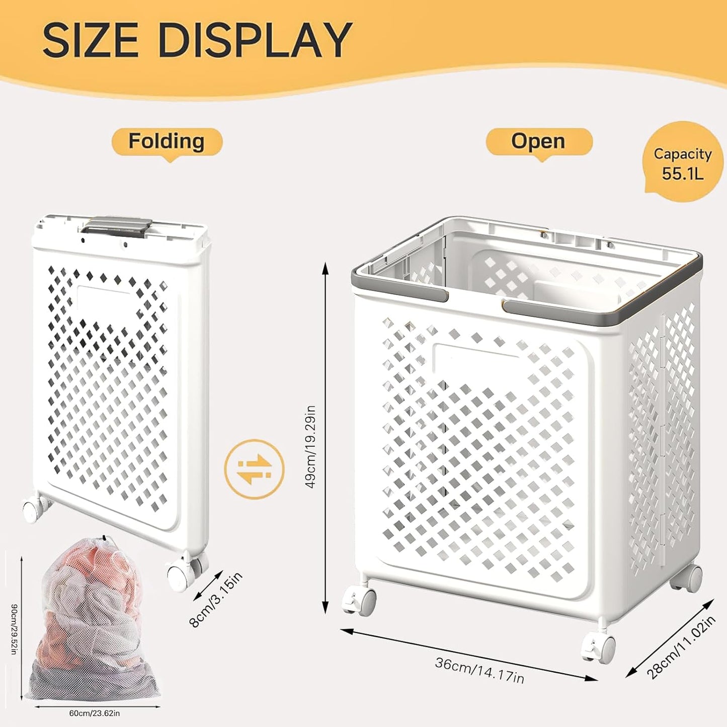 Foldable Laundry Basket With Wheels Space Saving Rolling Hamper