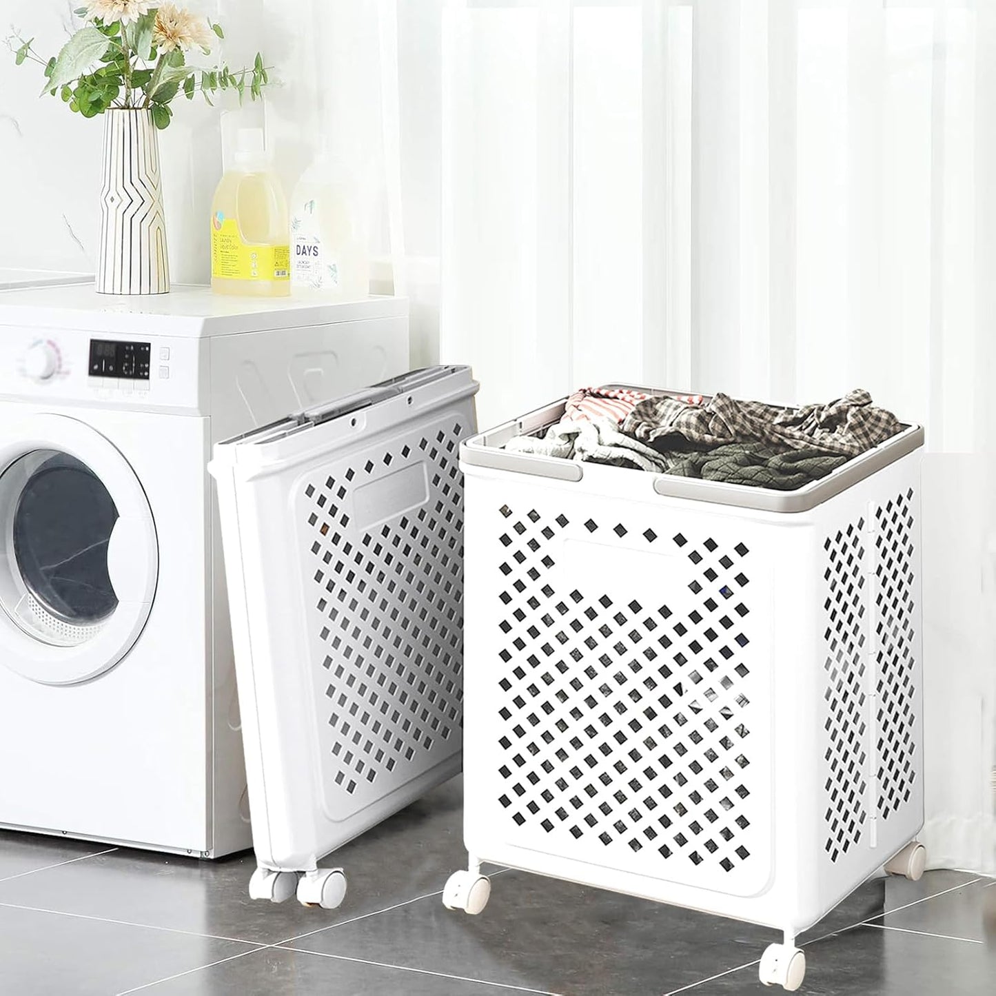 Foldable Laundry Basket With Wheels Space Saving Rolling Hamper
