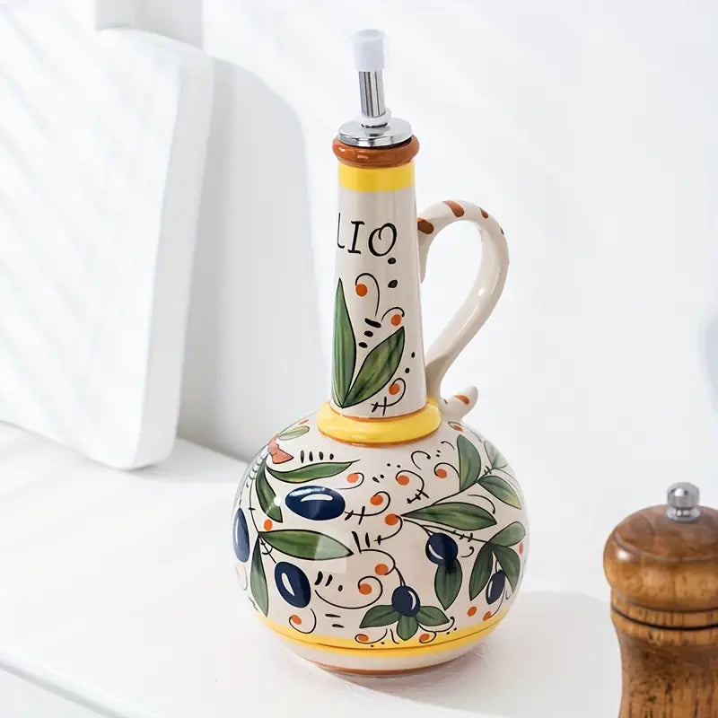 Hand Painted Olive Oil Dispenser Bottle Floral Design Narrow Neck