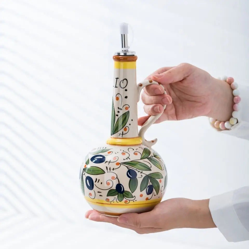 Hand Painted Olive Oil Dispenser Bottle Floral Design Narrow Neck