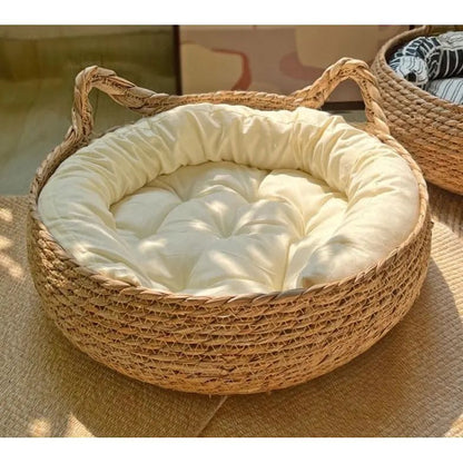 Handwoven Cat Basket Bed with Plush Cushion Comfortable Cozy Cat Sleeping Nest