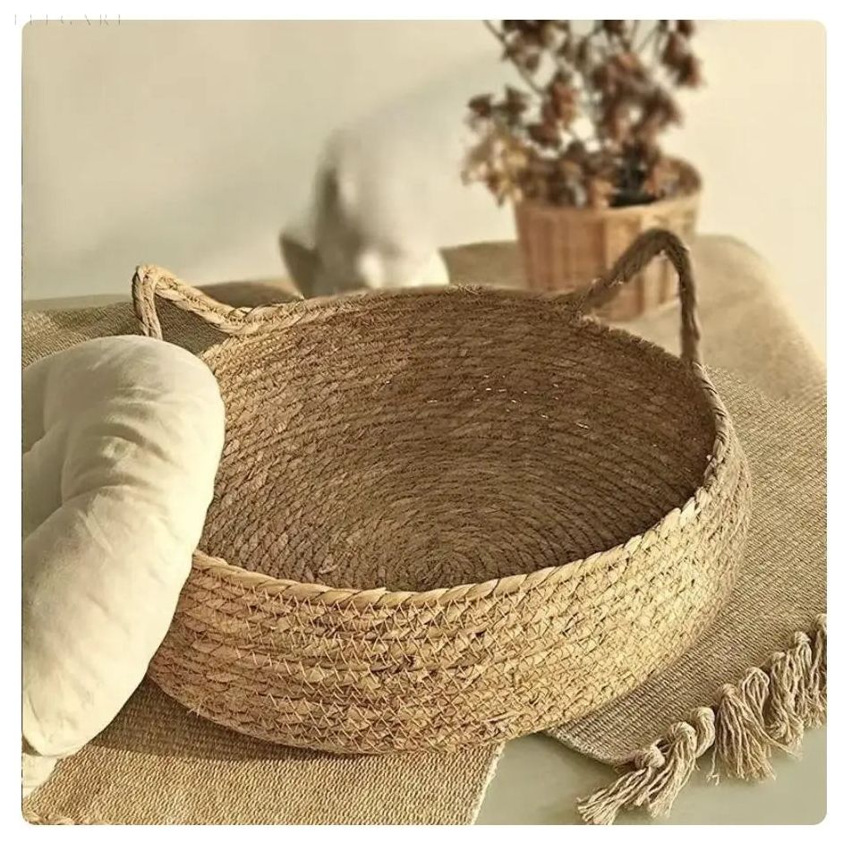 Handwoven Cat Basket Bed with Plush Cushion Comfortable Cozy Cat Sleeping Nest