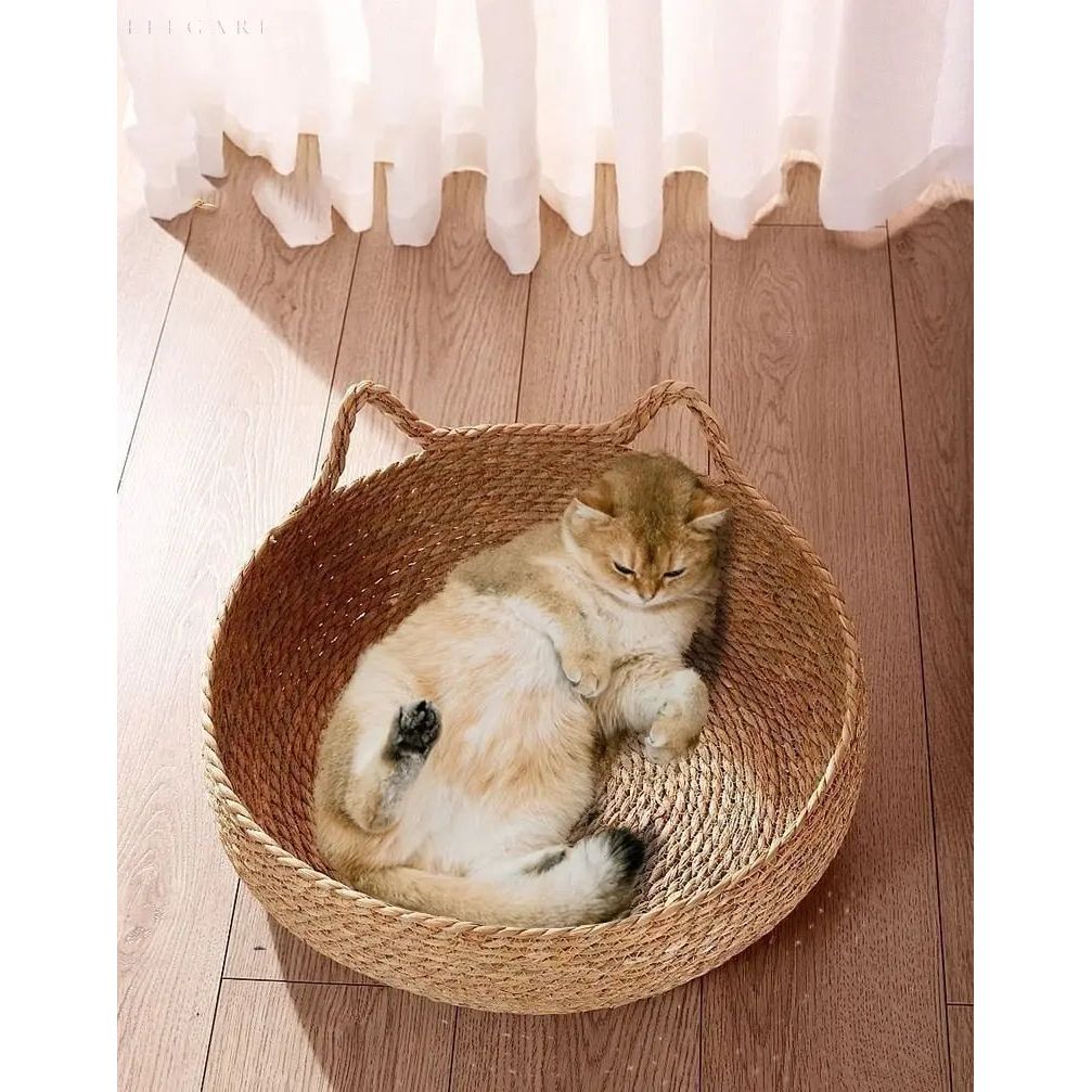 Handwoven Cat Basket Bed with Plush Cushion Comfortable Cozy Cat Sleeping Nest