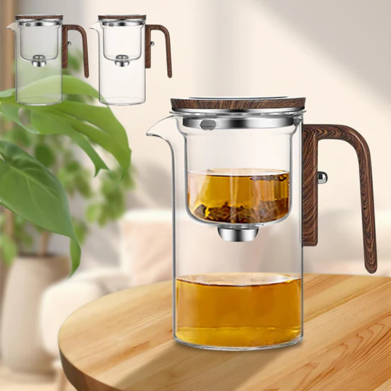 Heat-Resistant Glass Teapot With Wooden Handle Built-In Infuser Large Capacity