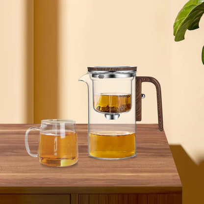 Heat-Resistant Glass Teapot With Wooden Handle Built-In Infuser Large Capacity