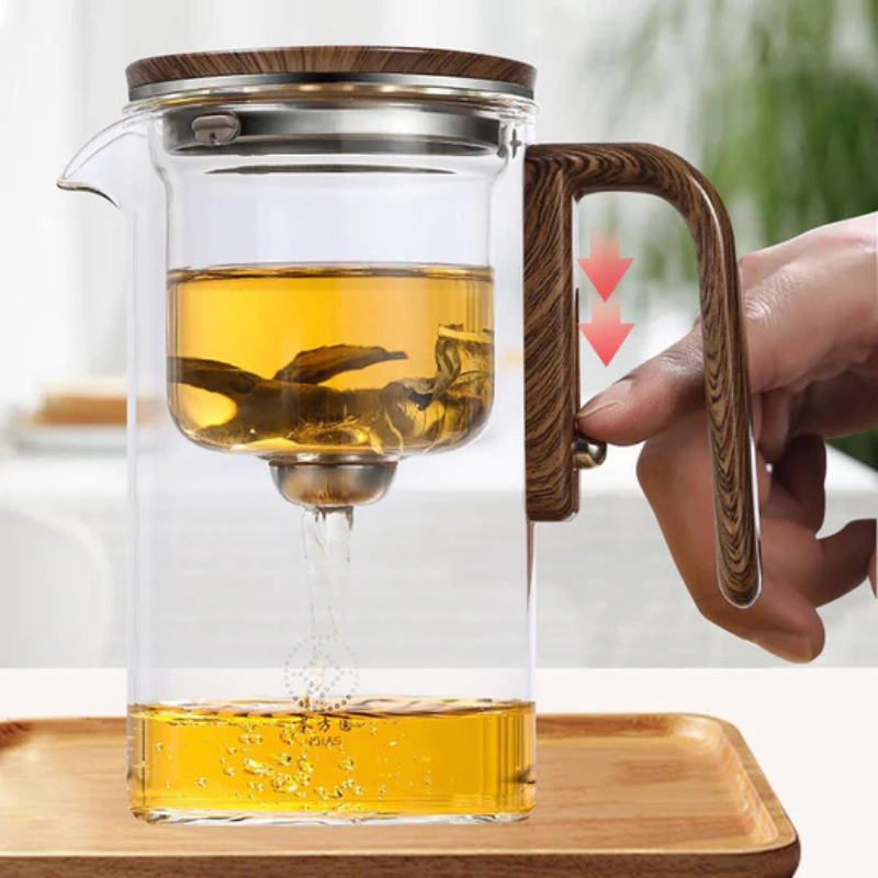Heat-Resistant Glass Teapot With Wooden Handle Built-In Infuser Large Capacity