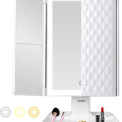 LED Makeup Mirror with Magnification Adjustable Light Storage Organizer