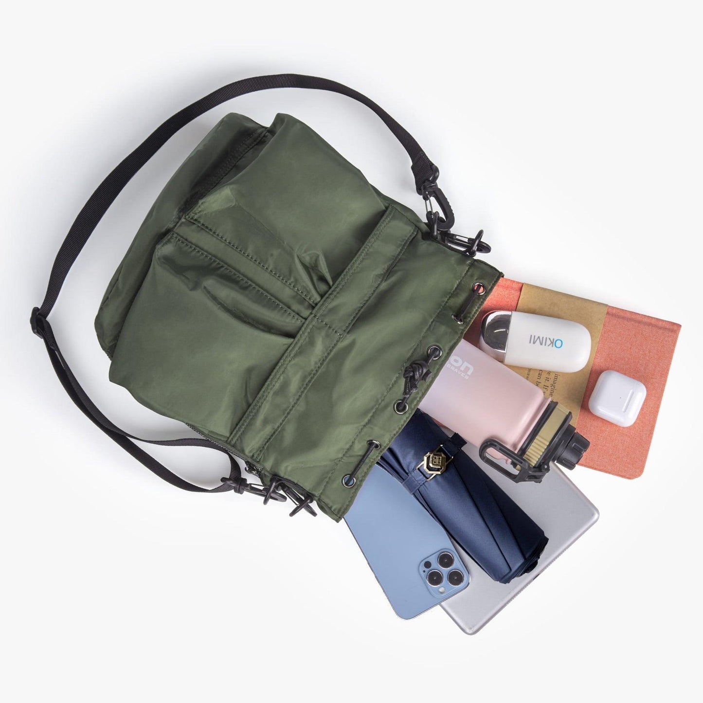 Large Capacity Drawstring Crossbody Shoulder Bag Multi Pocket Casual Messenger Bag Adjustable Strap