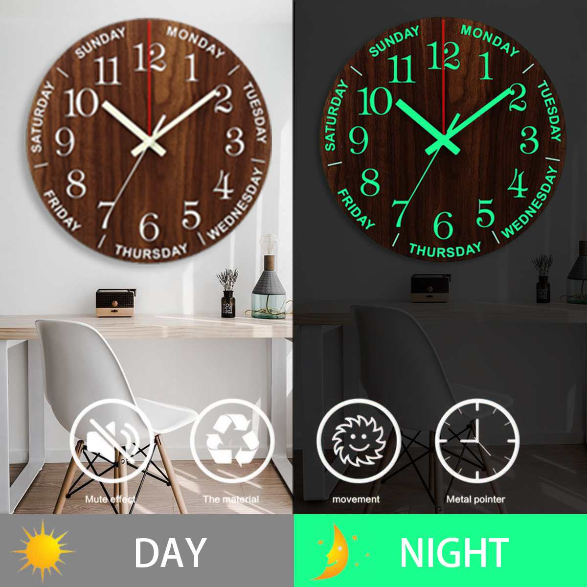 Luminous Wooden Wall Clock Glow Silent Quartz Round