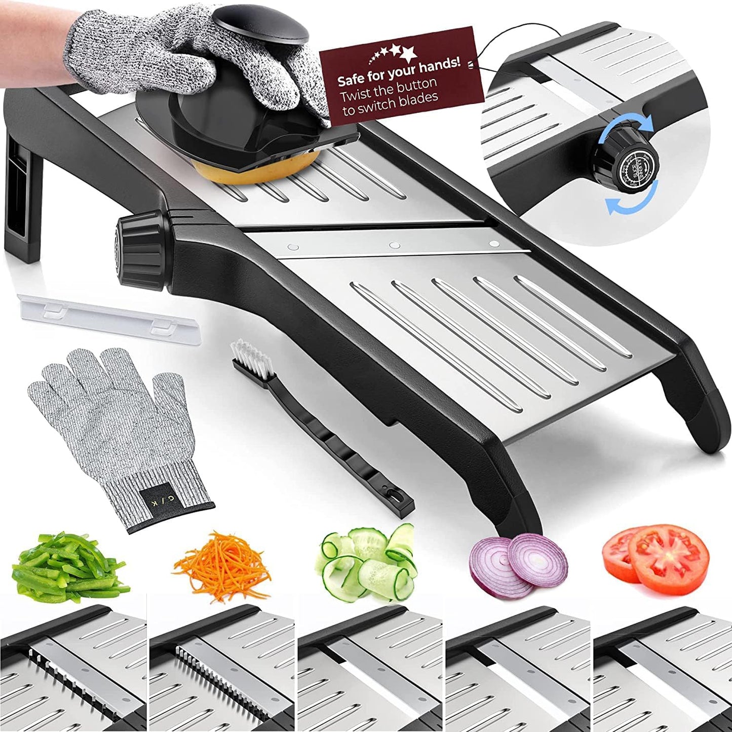 Mandoline Vegetable Slicer with Cut Resistant Gloves Stainless Steel Adjustable Food Cutter