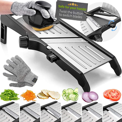 Mandoline Vegetable Slicer with Cut Resistant Gloves Stainless Steel Adjustable Food Cutter