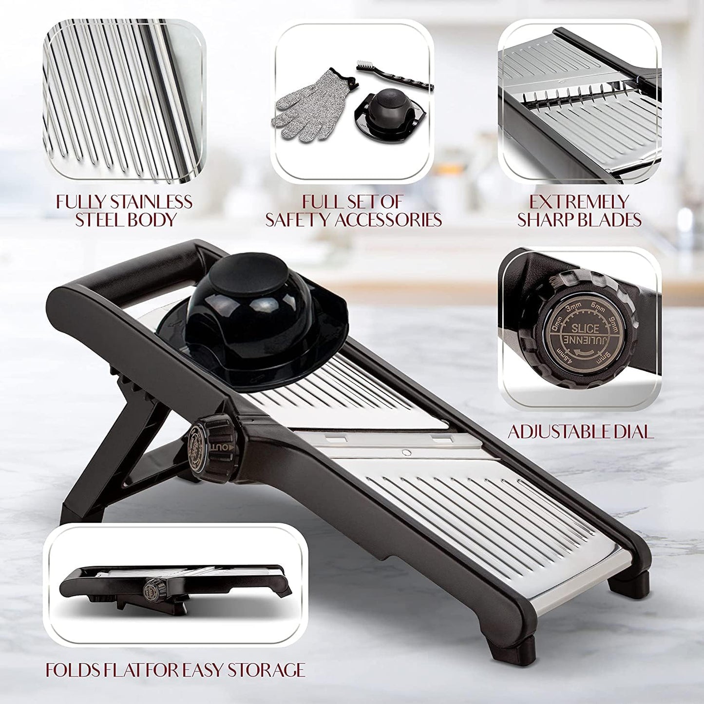 Mandoline Vegetable Slicer with Cut Resistant Gloves Stainless Steel Adjustable Food Cutter