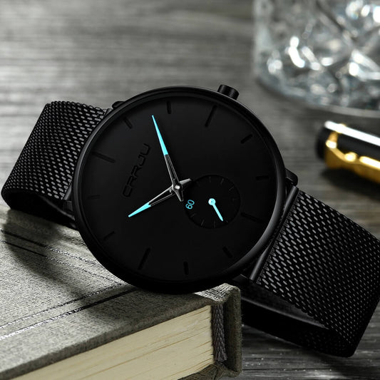 Minimalist All Black Blue Analog Watch Stainless Steel Leather Strap