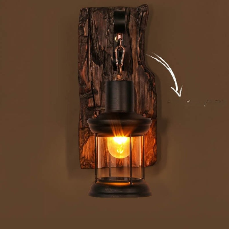 Modern Glass Cylinder Wall Light with Wooden Base Decorative LED Wall Lamp