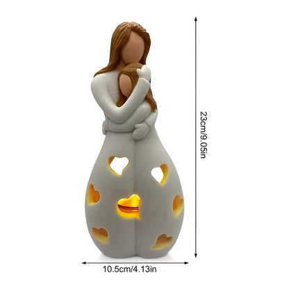 Mother Daughter Statue Candle Holder Decorative Family Love Sculpture with Flickering Candle Light