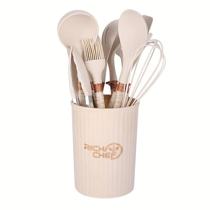 Premium Silicone Kitchen Utensil Set with Wooden Handles Non-Stick Heat Resistant