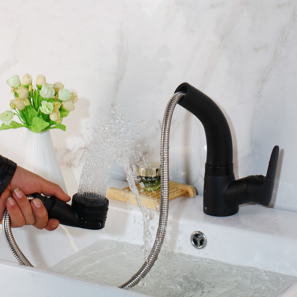 Pull Out Bathroom Faucet Brass Mixer Tap Adjustable Spray Modern Sink Fixture