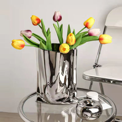 Reflective Silver Ceramic Vase Modern Home Decor Statement Centerpiece