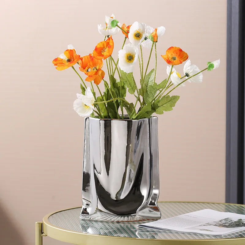 Reflective Silver Ceramic Vase Modern Home Decor Statement Centerpiece