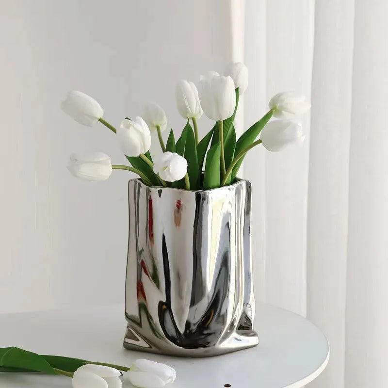 Reflective Silver Ceramic Vase Modern Home Decor Statement Centerpiece